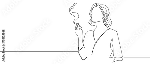 Woman smoking, continuous hand drawn doodle line art vector illustration. Editable stroke.