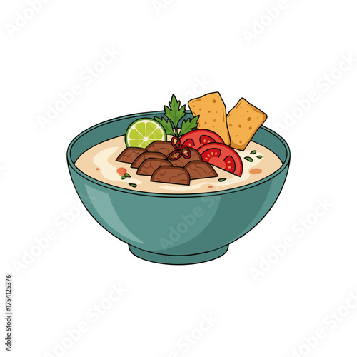 Minimalist flat vector of Soto Betawi soup bowl.ai