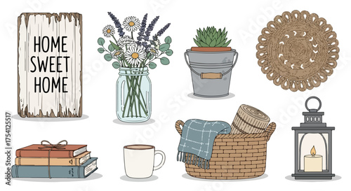 Illustration capturing the essence of home decor elements in a cozy and inviting hand-drawn style composition with rustic charm