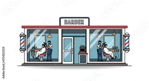Stylized cartoon illustration of a barbershop facade with classic barbering scene depiction providing artistic elegance