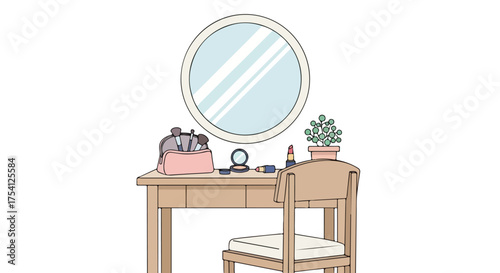 Elegant vanity setup with a round mirror, makeup, and a small potted plant conveying a sense of aesthetic order and simple self care atmosphere