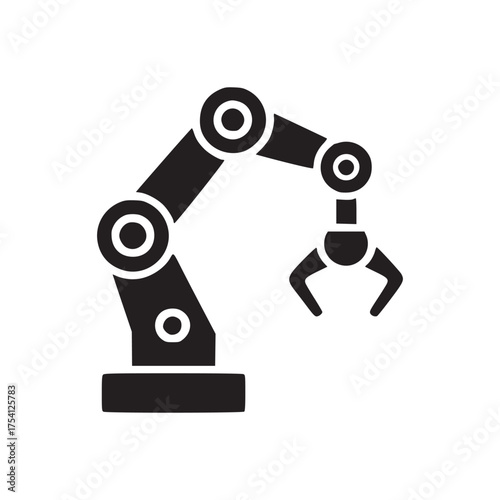 A dark blue robotic arm with claw on a white background showcasing industrial automation and technology design
