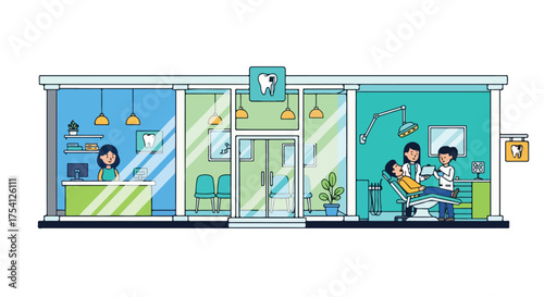 Front view of a dental clinic with reception area, waiting room, and examination room with doctor