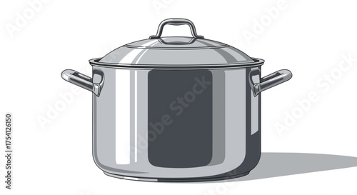 Detailed illustration of a covered stainless steel cooking pot with handles on a simple white background