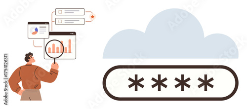 Man holding magnifying glass examining analytics and data charts, secured by password-protected cloud. Ideal for data analysis, cybersecurity, online storage, digital protection, cloud computing