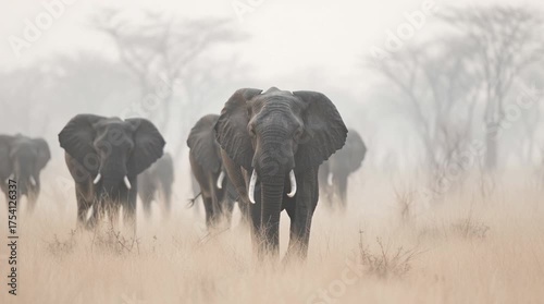 African elephant herd mammal walking through savanna grass with majestic tusks wildlife nature creating calm peaceful atmosphere