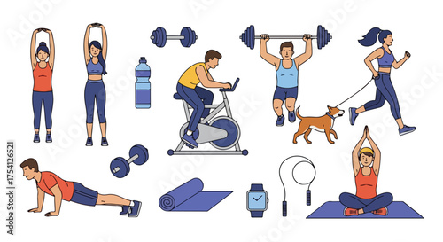 Diverse fitness activities and equipment depicted in a vibrant and engaging illustration providing a comprehensive overview of physical well being