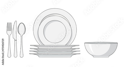 Elegant kitchenware arrangement depicting a set table with plates, utensils, and bowl for a refined dining experience