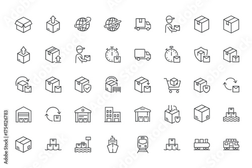 Package delivery and shipping line icon set. Logistics, transport, and e-commerce symbols. Courier, warehouse, cargo freight, and order tracking vector icons. Editable stroke.