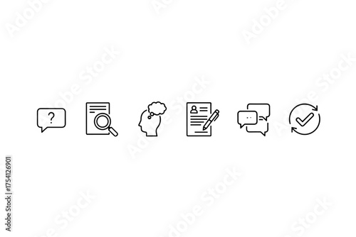Set of 6 line icons for business process and inquiry. Includes question, research, thinking, application, communication, and approval symbols. Vector icon pack for web and UI design.