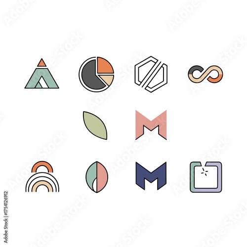Set of minimalistic trendy shapes. Collection of modern abstract geometric icons and symbols for logo design. Vector graphic elements, including rainbow, infinity, and leaf.
