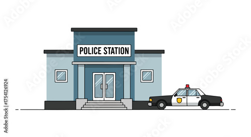 Illustrated Police Station Facade and Patrol Car Depiction, Symbolizing Law Enforcement and Community Safety within an Urban Setting