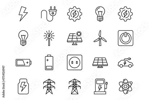 Energy and power line icon set. Electricity, solar panel, wind turbine, battery charge, electric car, and nuclear energy symbols. Editable stroke pictogram collection for web.