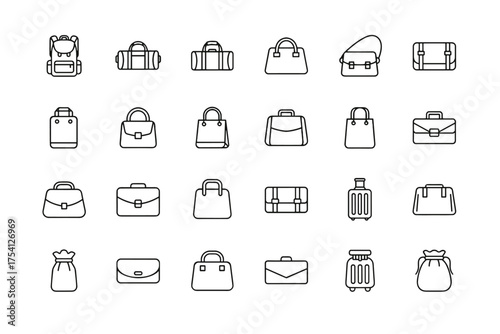 Bag and luggage outline icon set. Vector line art collection of backpack, handbag, briefcase, suitcase, purse. For travel, business, fashion, and shopping graphic elements.