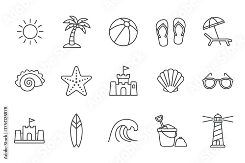 Beach icons outline set for summer vacation and travel. Sun, palm tree, ball, flip flops, umbrella, seashell, starfish, sandcastle, surfboard, wave, lighthouse vector symbols.