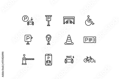 Parking icon set. Car park and transport related line vector icons. Contains such icons as Garage, Valet, Disabled, Meter, Ticket, Barrier, App, and more. Editable stroke.