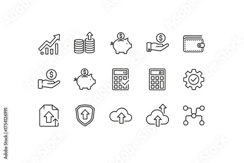 Finance and profit line icon set. Business growth chart, investment, money saving, income. Vector symbols for piggy bank, wallet, calculator, secure cloud data upload.