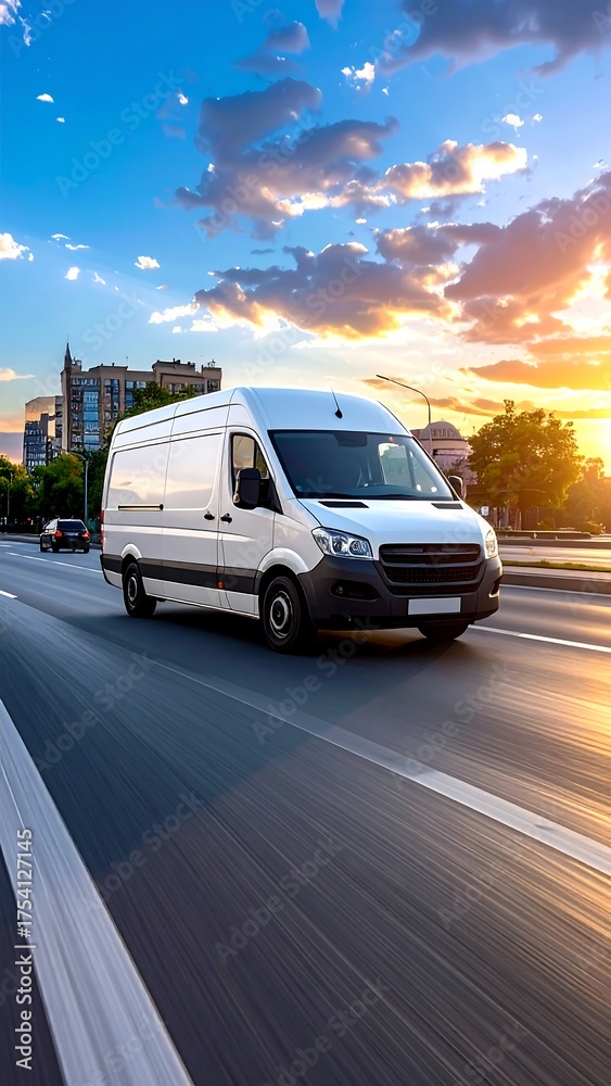 Fototapeta premium A white delivery van speeds down a city road bathed in the warm glow of the setting sun