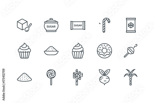 Sugar and sweets editable stroke outline icons set. Vector symbols of dessert, candy, baking, and unhealthy food. Includes cupcake, donut, lollipop, sugarcane, and sugar beet.