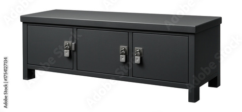 Durable storage bench with lockable compartments for secure commercial use.