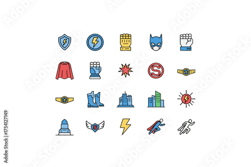 Superhero line icon set with color. Vector collection of comic hero symbols, power signs, costume elements like mask, cape, shield, and city. Flat action design illustration.
