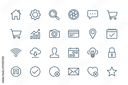 Simple line icon set for web and mobile. Universal thin icons for UI and GUI design. Editable stroke. Website navigation signs. Business, e-commerce and app elements.