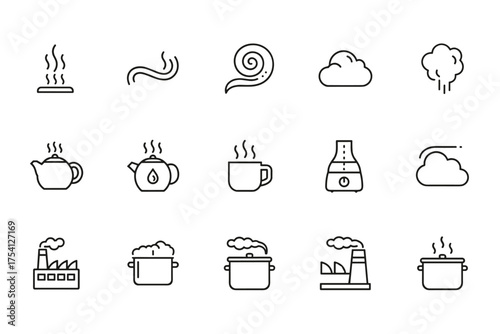 Vector line icon set of steam and smoke. Hot vapor, smell, and heat symbols. Cooking pot, boiling water, teapot, and hot drink cup. Factory pollution and air humidifier.