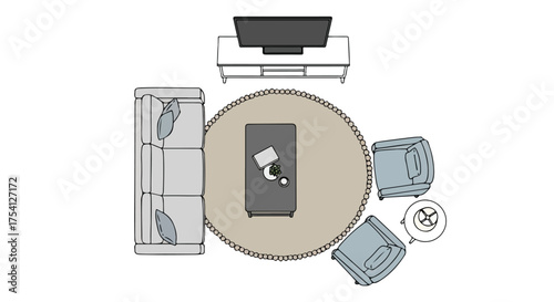 Overhead view showcases a thoughtfully arranged living room layout promoting spatial optimization and aesthetic appeal with a neutral color palette