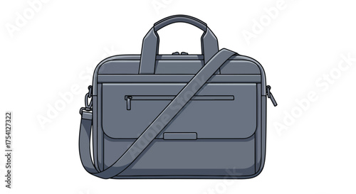 Illustration of a sleek gray business briefcase with shoulder strap and organizational compartments for documents and digital devices