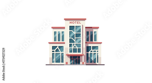 Stylized hotel building illustration with a minimalist design featuring glass windows and a modern architectural aesthetic offering lodging services