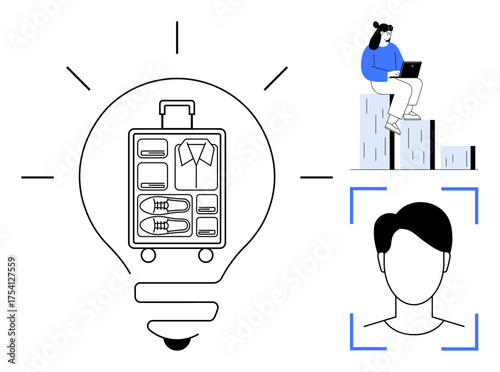 Light bulb with organized luggage, woman using laptop on graphs, and face recognition frame. Ideal for innovation, travel, planning, technology, organization, personalization and creative solutions