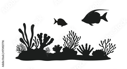 Black and White Silhouette of a Coral Reef with Fish Swimming Above, a Simple Ocean Life Illustration