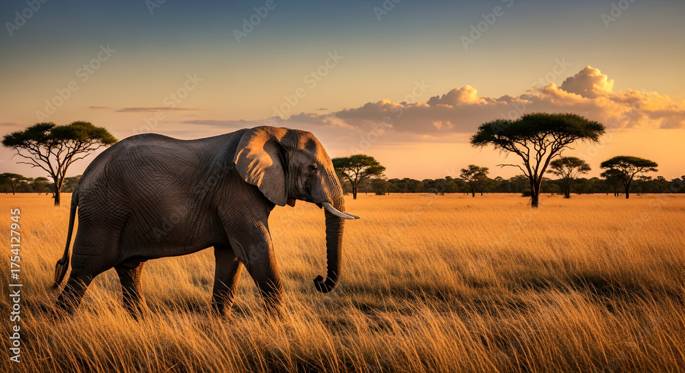 Fototapeta premium Stunning African wildlife scene featuring majestic elephant walking across golden savanna grasslands during vibrant sunset, evoking adventure and conservation