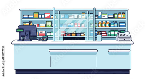 Charming Pharmacy Illustration: Detailed Depiction of a Well-Stocked Drugstore with Clean Aesthetic