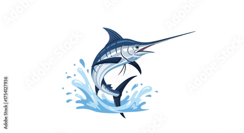 Majestic marlin leaps from azure waves, showcasing power and aquatic grace in a vibrant nautical illustration