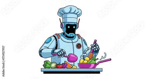 Robot chef cooking healthy food in pan illustration for ai kitchen and automation concept design image