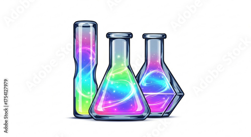 Colorful science lab beakers and flasks with liquid potion for chemistry and scientific experiments study