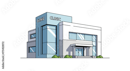 Stylized medical clinic illustration with contemporary architectural elements and clean design aesthetic for healthcare branding solutions