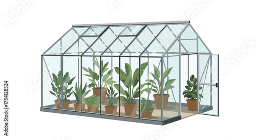 Indoor oasis: A greenhouse filled with thriving potted plants under a clear, geometric glass structure and optimal growth condition