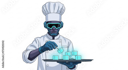 Futuristic chef preparing digital food cubes with augmented reality glasses and chef hat vector art