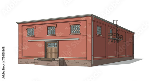 Stylized rendition of a brick warehouse featuring architectural details and external fire escape illustration with digital paint effect