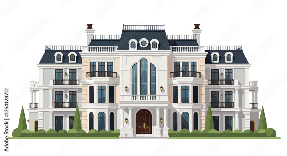 Fototapeta premium Architectural rendering showcasing a grand residential mansion with manicured lawn and decorative elements with bright and inviting design