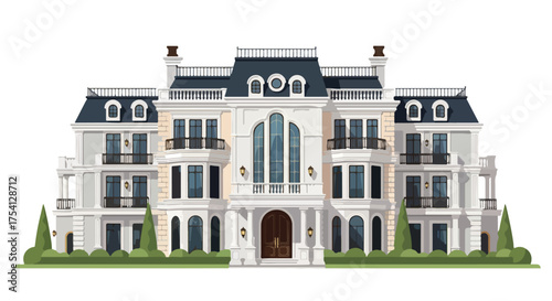 Architectural rendering showcasing a grand residential mansion with manicured lawn and decorative elements with bright and inviting design