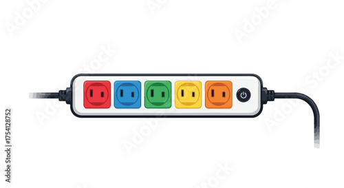 Colorful electrical extension cord with five outlets arranged in a row ready to connect various electrical devices for household and office appliances