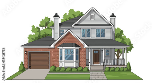 Detailed architectural illustration of a two-story detached house with a brick facade and landscaped garden elements