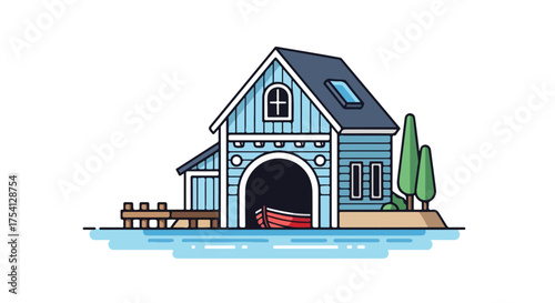 Charming cartoon boathouse on the water with a red boat and trees idyllic scene illustration water and architecture