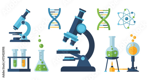 Science Lab Microscopes, DNA, and Beakers for Scientific Discovery