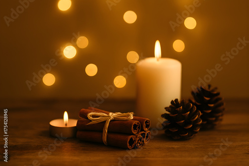 Cozy Holiday Still Life with Cinnamon and Fairy Lights