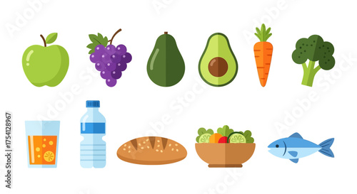 Vibrant collection of healthy food and drink icons in a flat design style, representing a balanced diet, nutrition, and a healthy lifestyle