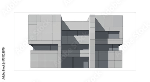 Architectural visualization showcasing a modern building with geometric shapes and minimalist design illuminated by strong shadows